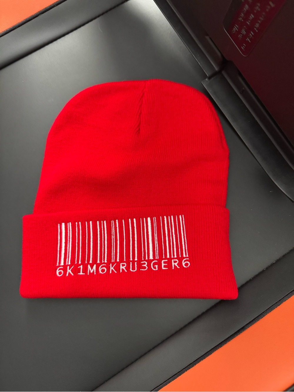 Red Kim Krueger Beanie Hat with Barcode Design